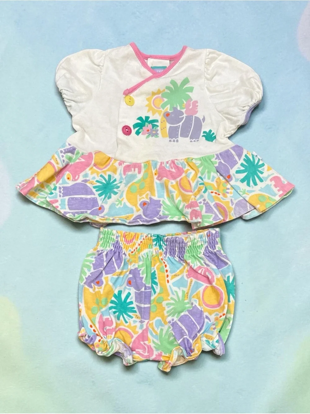 Vintage Little Me Baby Girls Pastel Animal Print Bloomer Set 2 Piece 90s